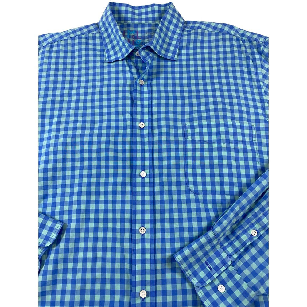 J.McLaughlin Mens XL‎ Blue Teal Gingham Check Cotton Button Down Shirt